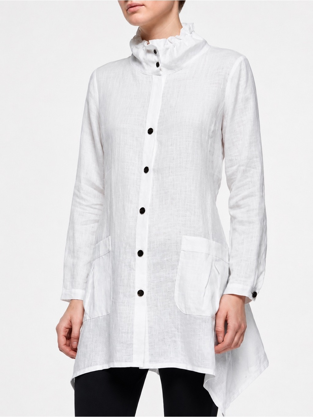 GO SILK White 100% Linen Tunic Ruffle Mock Neck | Button Front | Pockets (1353)